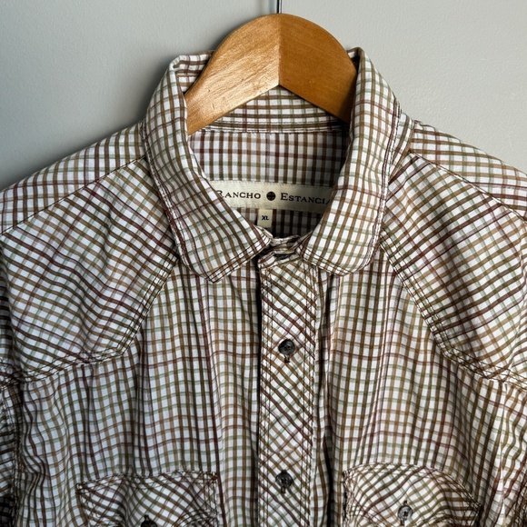 RANCHO Estancia Men's Vintage Mini Check Long Sleeve Button Shirt Brown Size XL - Picture 5 of 12